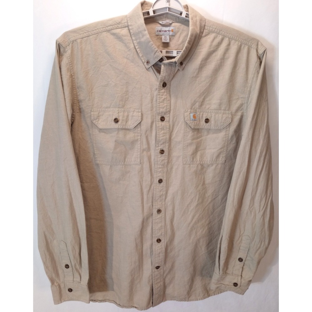 Carhartt Button Down Men's Work Wear Long Sleeve Shirt, 2XL, Relaxed Fit, Khaki